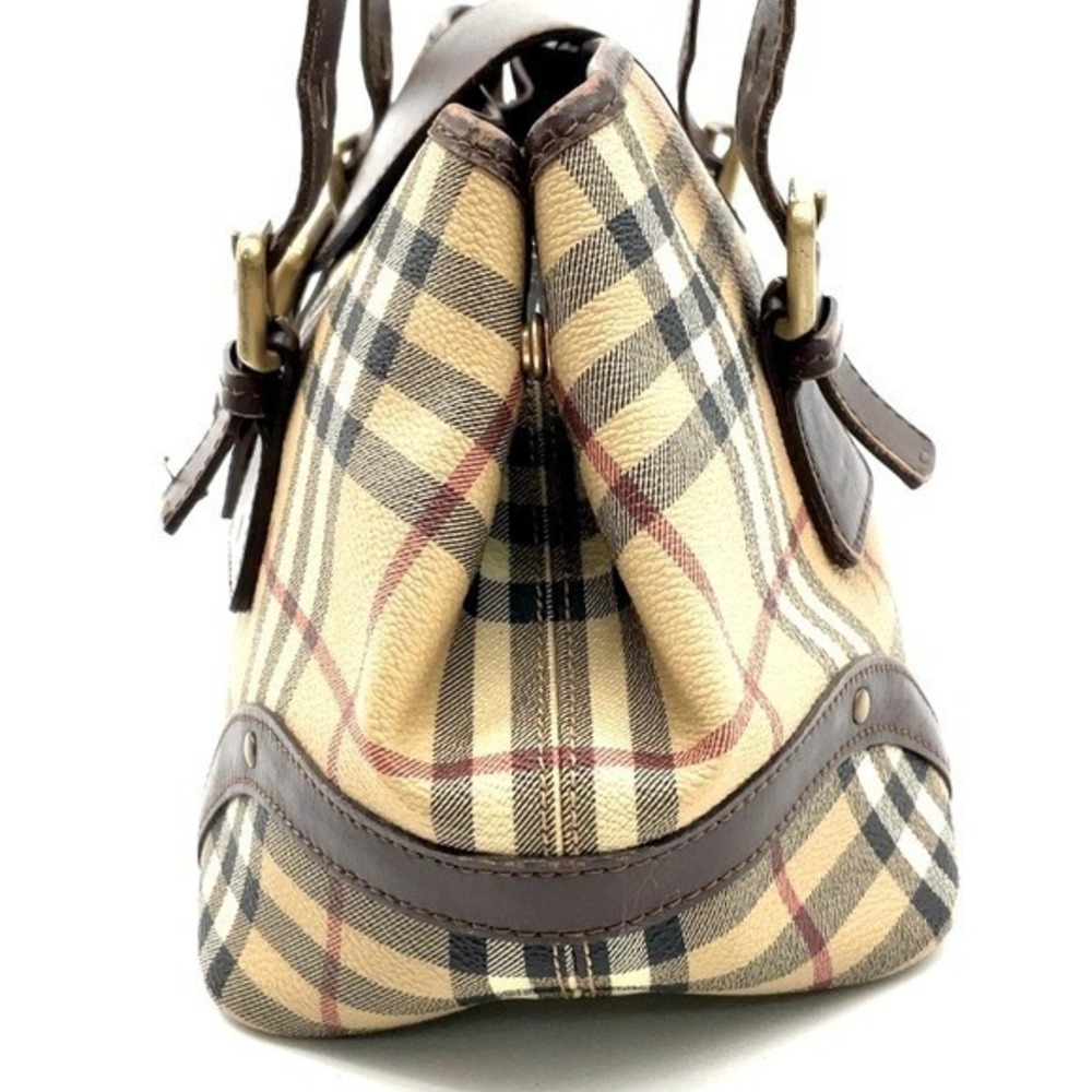 Burberry Brown Leather Harmarket Nova Check Coated Canvas Small Buckle Tote Bag - Picture 3 of 8